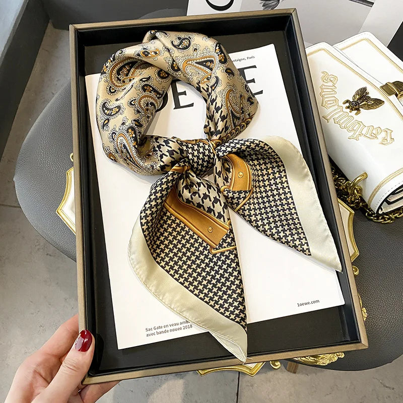 2025 New Women's Soft Satin Hair Scarves Fashion Square Printed Headscarf 70cm Professional Accessories Designer Scarf Headband