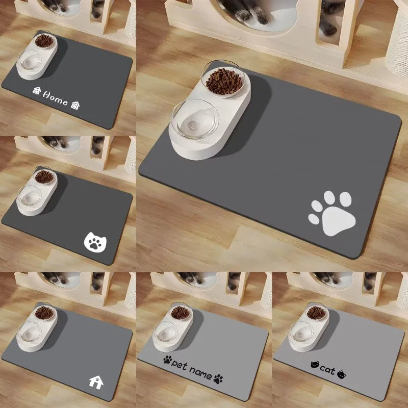 Minimalist Pet Feeding Mat for Pets Dirt-Resistant Scratch-Proof Spill-Proof Dark Color Paw Print & Bone Patterns Non-Slip