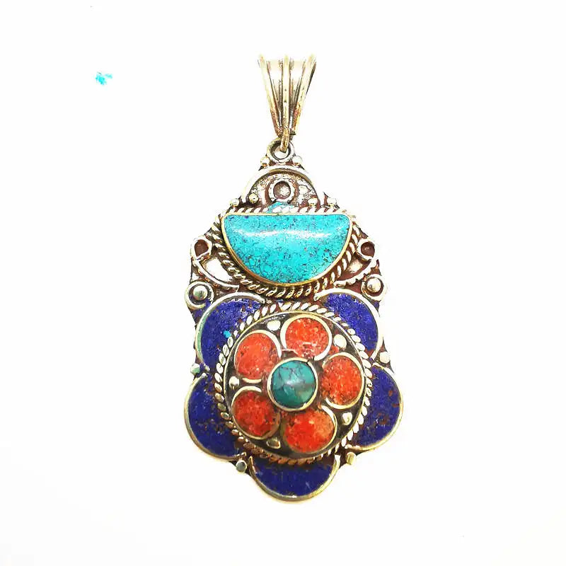 Handmade Vintage Flower Pendants Copper Inlaid Colorful Stone Tibetan Jewelry TBP608