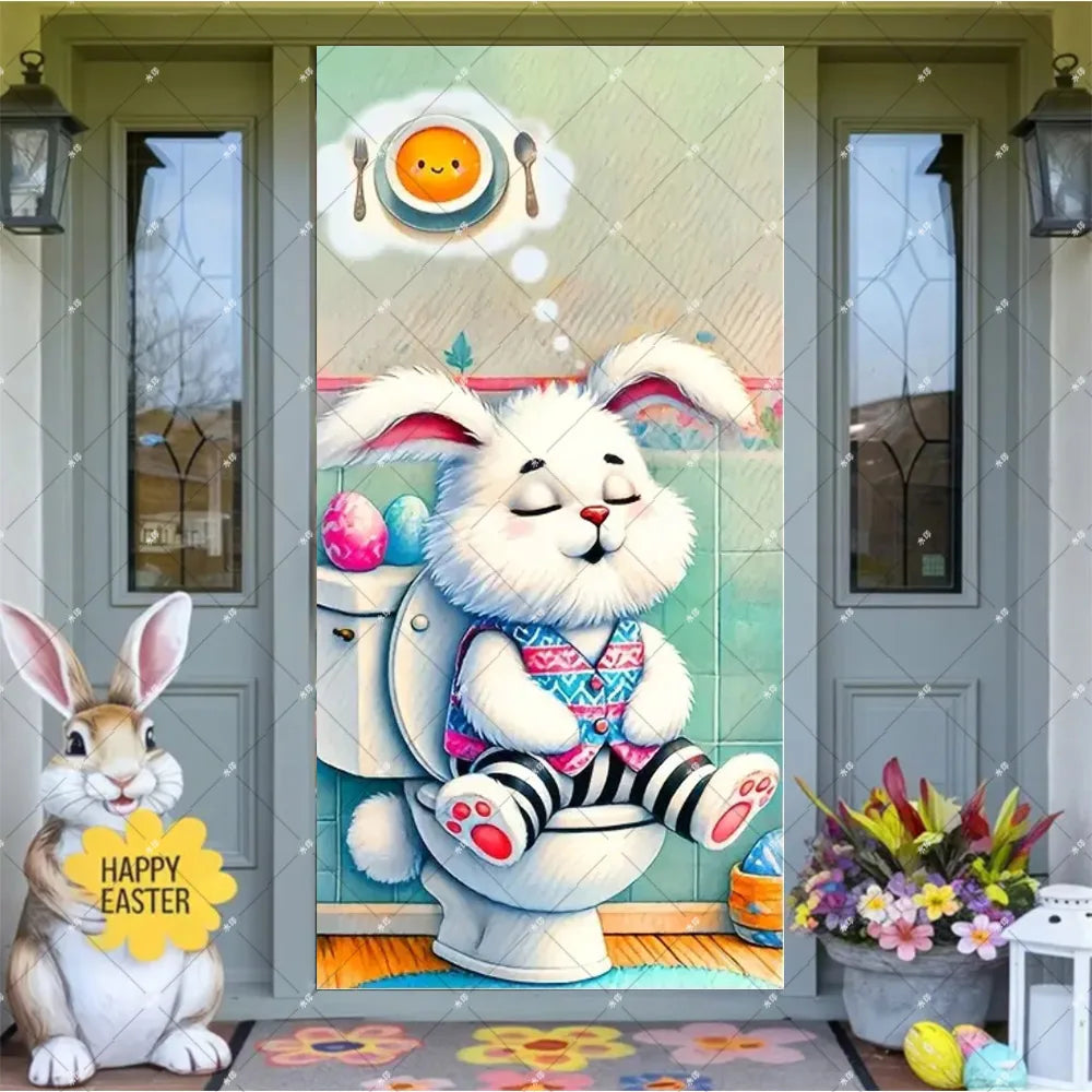 Spring Easter Theme Charming Rabbit On The Toilet Grass Flower Eggs Door Banner Cover Backdrop Easter Festival Party Porch Decor