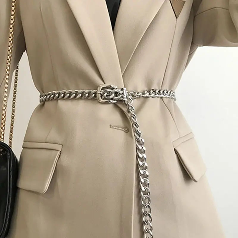 Chain Belt Women's Fashion Narrow Metal Belts Trim with Skirt Blouse Thin Waist Chain Gold Silver