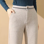 Fashion Office Lady Autumn Winter New Woolen Pants Women Solid Pockets Elastic High Waist Plus Velvet Straight Wide Leg Trousers