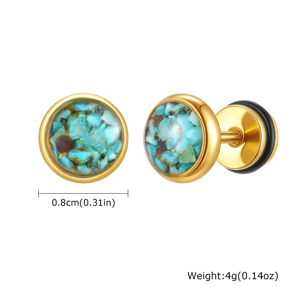 Natural Stone Stud Earrings for Men Boys,Stainless Steel Plated Round Small Earring,Stylish Jewelry Gifts
