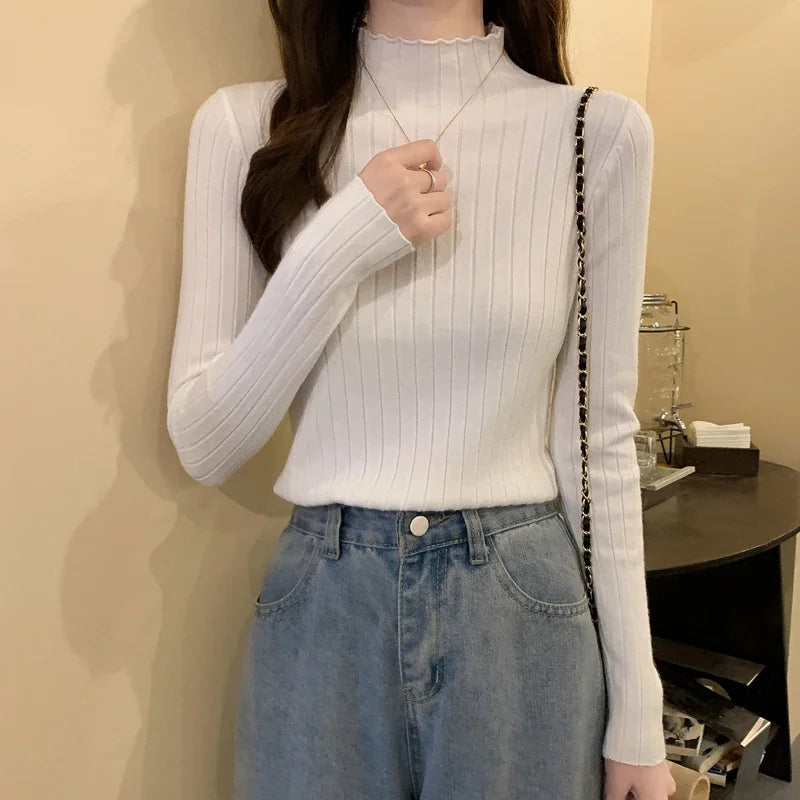 Woman Sweaters 2025 Autumn Winter Knitted Ribbed Turtleneck Sweater Women Clothes Long Sleeve Slim Basic Pullover Solid Tops