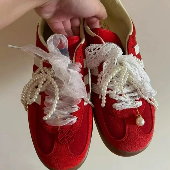 1pair Fashion Lace Pearl Bow Shoe Laces Charms for Sneakers Decorative Shoe Flower Buckle Decorative Shoe Charm Accessories