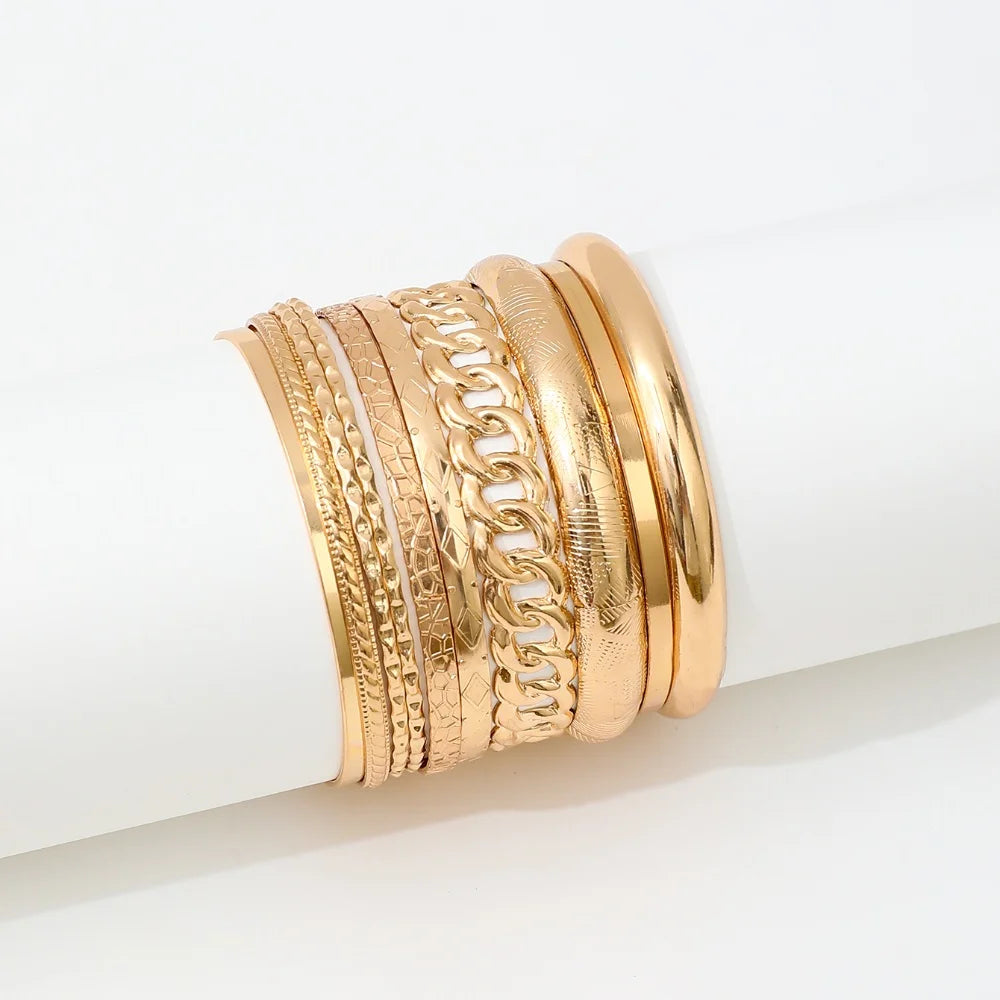 10pcs/set Metal Bangles Set For Women Heavy Punk New Styles Hiphop Textured Fashion Bracelets Jewelry Accessories