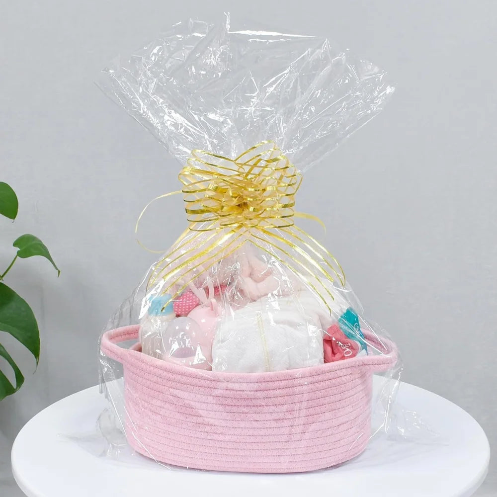 Easter Rope Basket With Transparent Packaging Bag And Ribbon Bow Woven Basket Open Dish Storage Basket Shelf Basket Key Towel