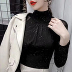 Women's T Shirts Female Tops 2024 Clothes  Glitter Sequin Black Tshirts Rhinestone Mesh Novelties Kpop Korea Stylish Fitted Tees