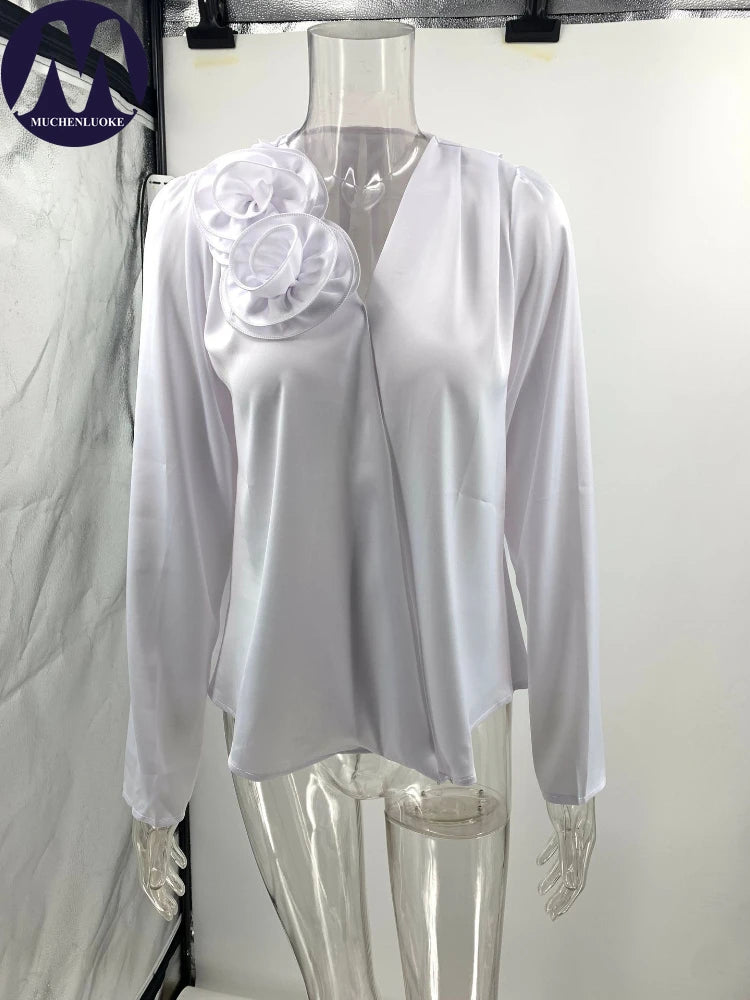 Women's Blouse Spring Autumn New Elegant Long Sleeves V Neck Flower Shirt Fashionable Casual Loose Satin Women Shirt Tops