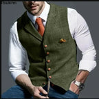 2025 Men's Formal Vests Lapel Tweed Plaid V-neck Waistcoat Slim Vest Business Formal Dress Suit Casual Wedding Tuxedo Male Vest