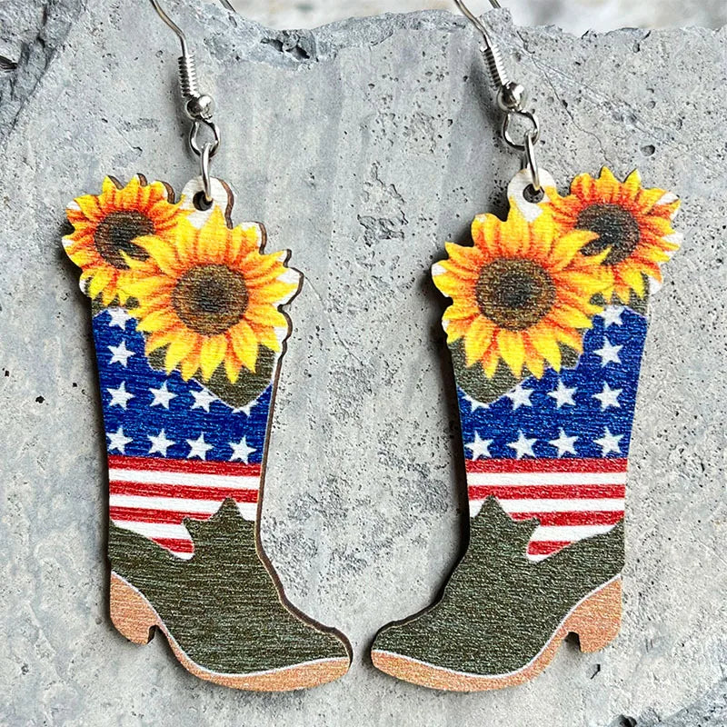 New American Independence Day Earrings July 4th Festival Decoration Western Cowboy Sun Flower Boots Cowhead Hat Wooden Ear Rings
