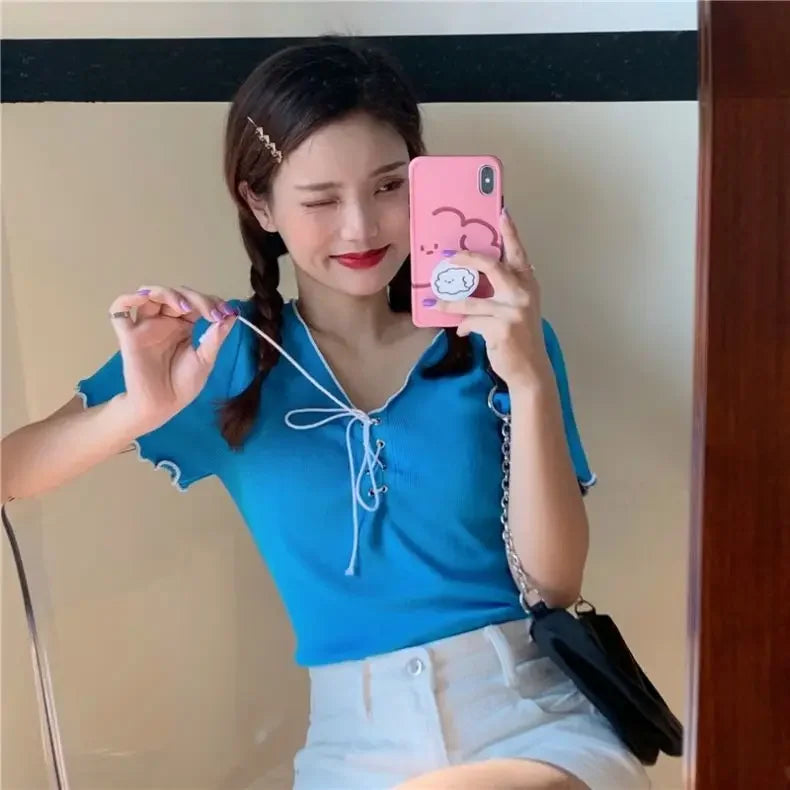 Woman T-shirts Summer White V-neck Top Knitted Short-Sleeved T-shirt for Women Mujer Camisetas