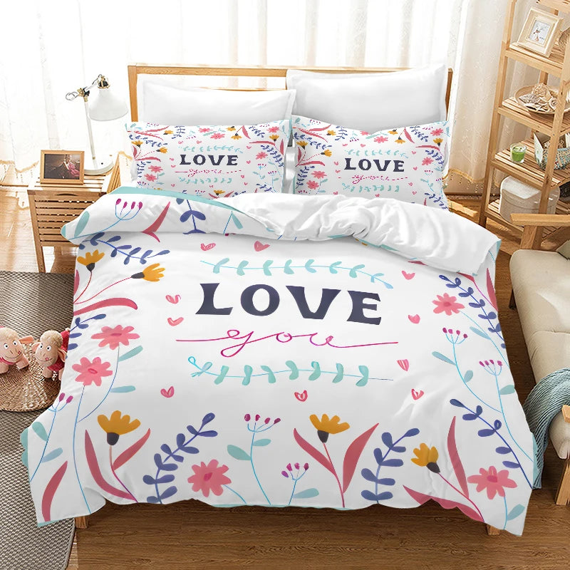 Valentine's Day I Love  style Digital Printed Duvet Set - Polyester - Bedroom Decor -1 bed cover +2 pillowcases (no pillow core)