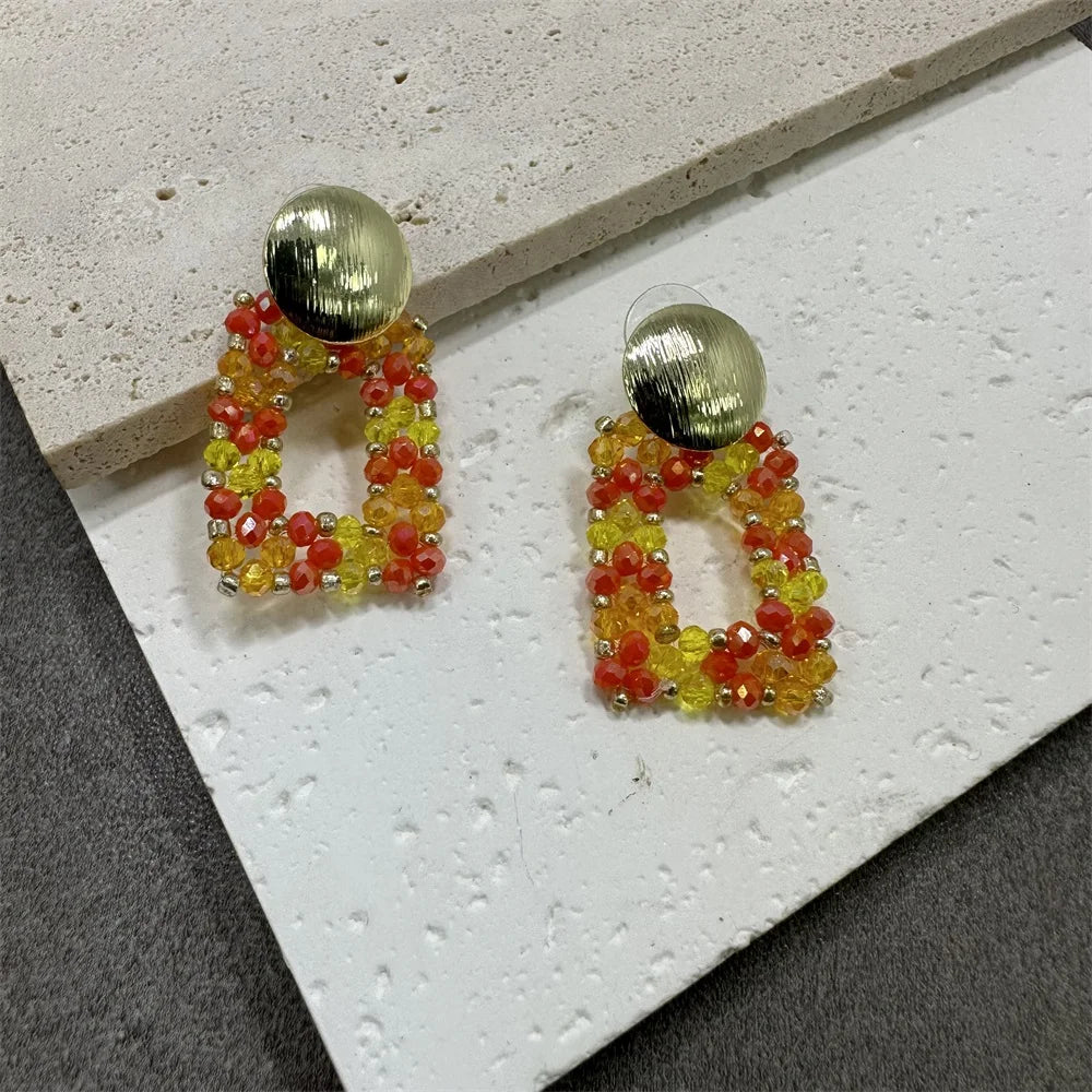 Big Drop Earrings For Women Metal Thread Beads Handmade Crystal Long Earrings Statement Fashion Jewelry