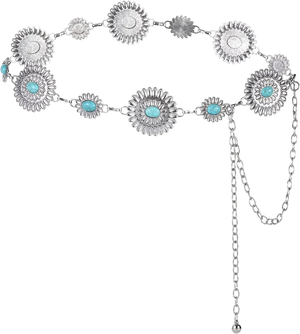 Metal Chain Belt for Women Cowgirl Western Country Chain Belts Adjustable Concho Belt for Sweaters Dresses Jeans