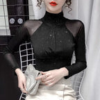 Women's T Shirts Female Tops 2024 Clothes  Glitter Sequin Black Tshirts Rhinestone Mesh Novelties Kpop Korea Stylish Fitted Tees