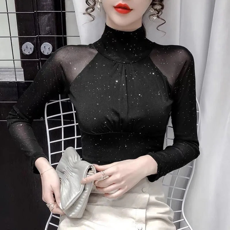 Women's T Shirts Female Tops 2024 Clothes  Glitter Sequin Black Tshirts Rhinestone Mesh Novelties Kpop Korea Stylish Fitted Tees