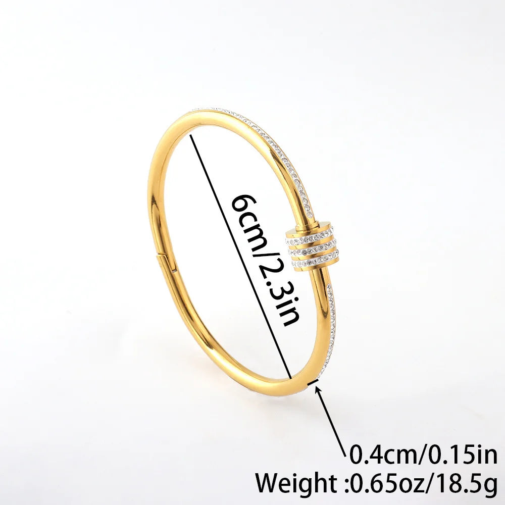 Elegant Gold Color Bangle With Sparkling Rhinestone Glamorous Stainless Steel Bracelet Women's Formal Dinners Jewelry