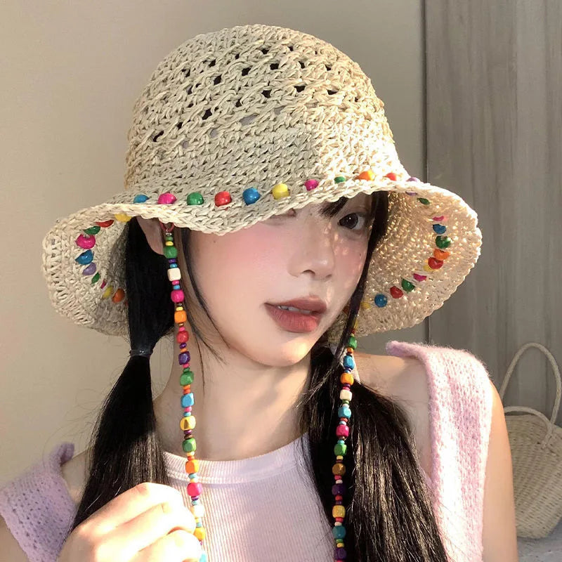 Ladies' Bucket Hats Bohemian Style Straw Weaving Hollow Korean Sweet Verstaile Big Brim Sunshade Hats Vacation Beach Bucket Hats