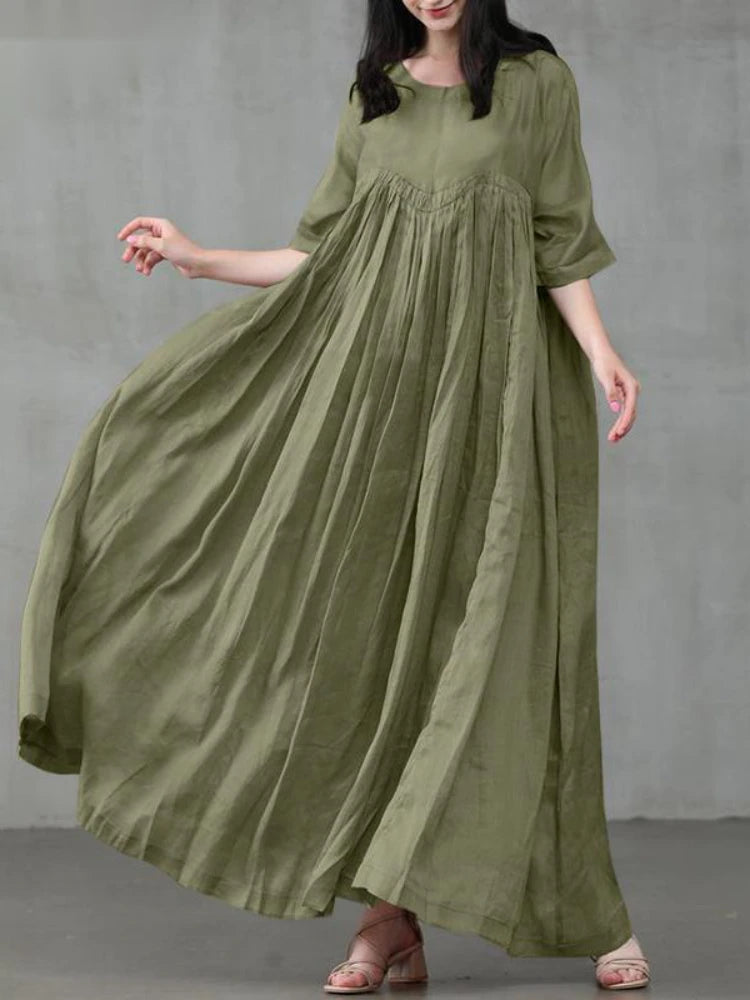 Summer Dresses Women 2023 Casual Fashion Solid Color Round Neck Pleated Cotton Linen Long Dress Elegant Dresses for Women Robe