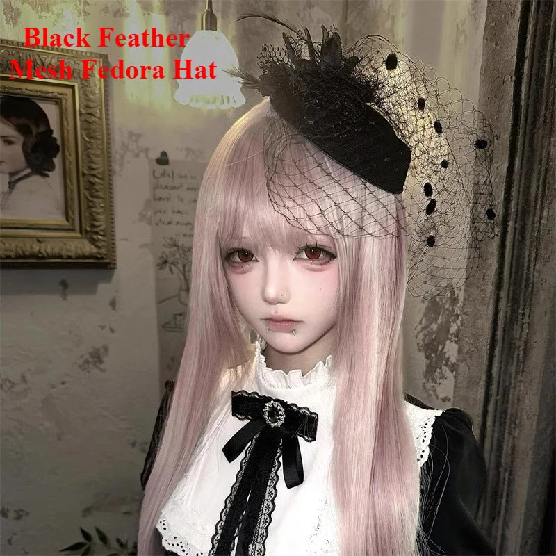 Gothic Subcultur Lace Bow Veil Small Fedoras Hats for Women Harajuku Lolita Feather Floral Fascinator Headband Hat Accessories