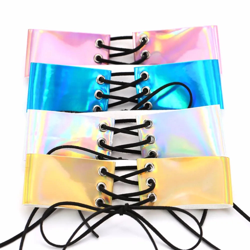 Lace up chokers necklaces for women Holographic choker gothic Wide Chocker Corset PU Leather neck jewelry