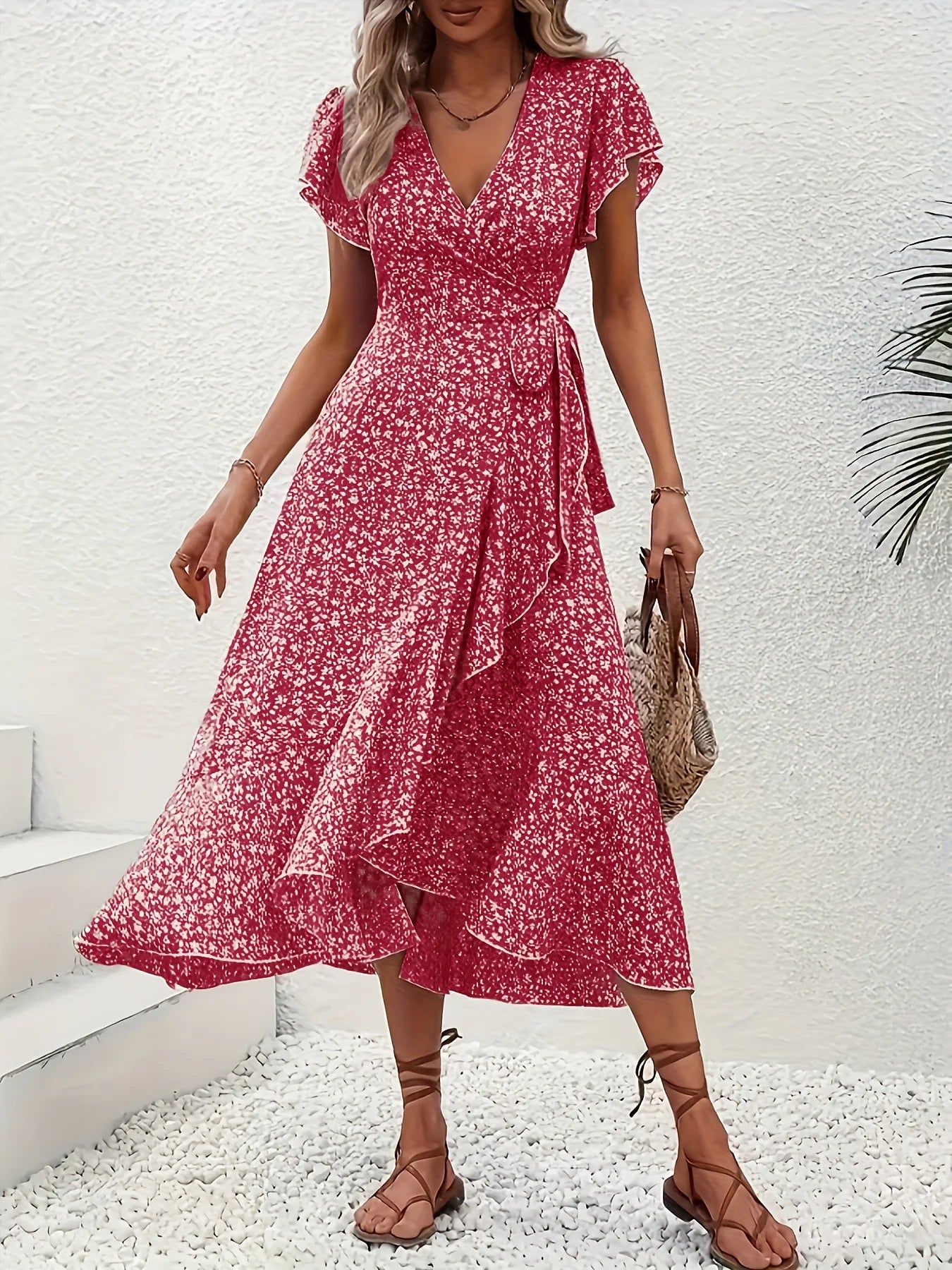 Summer Dresses for Women Sexy V Neck Short Sleeve Irregular High Waist Lace-up Flower Print Dress Casual Beach Dresses