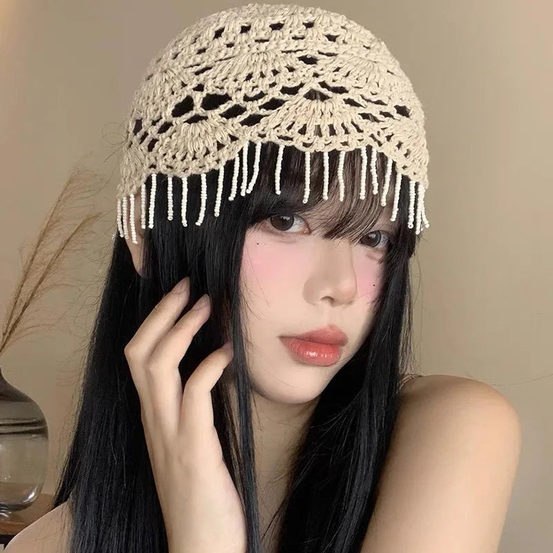 Personalized Beaded Fringed Knitted Beanies for Women Summer Autumn Thin Hollow Versatile Casual Retro Ethnic Style Pullover Hat