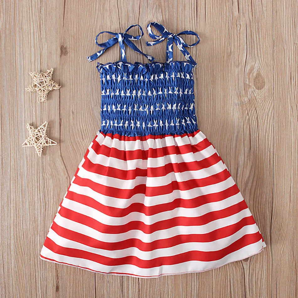 Charming 4th of July Summertime Girls Casual Dresses Sling Patriotic Pattern and Cartoon Printed Playful Butterflies and Stars