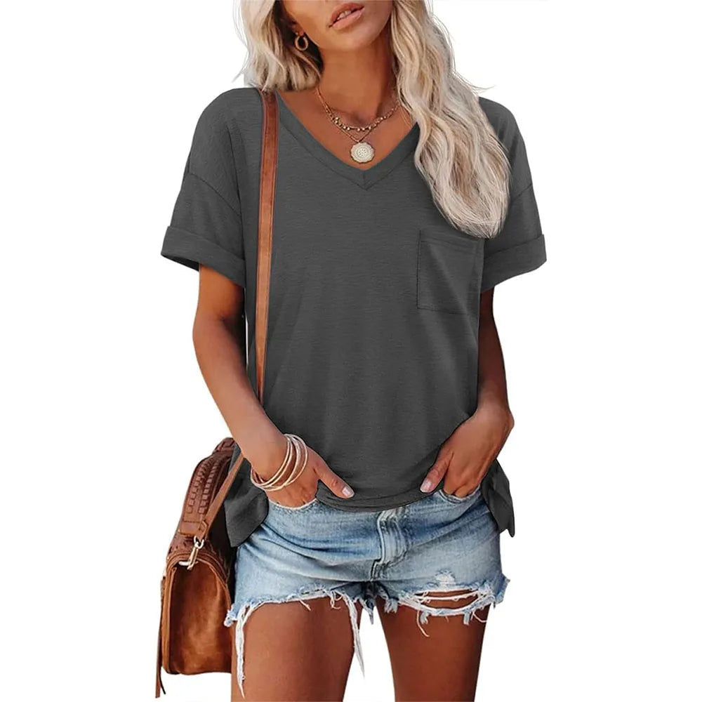 Womens T Shirts 2025 Short Sleeve V-Neck Shirts Cute Fit Summer Casual Tee Tops S-XXL