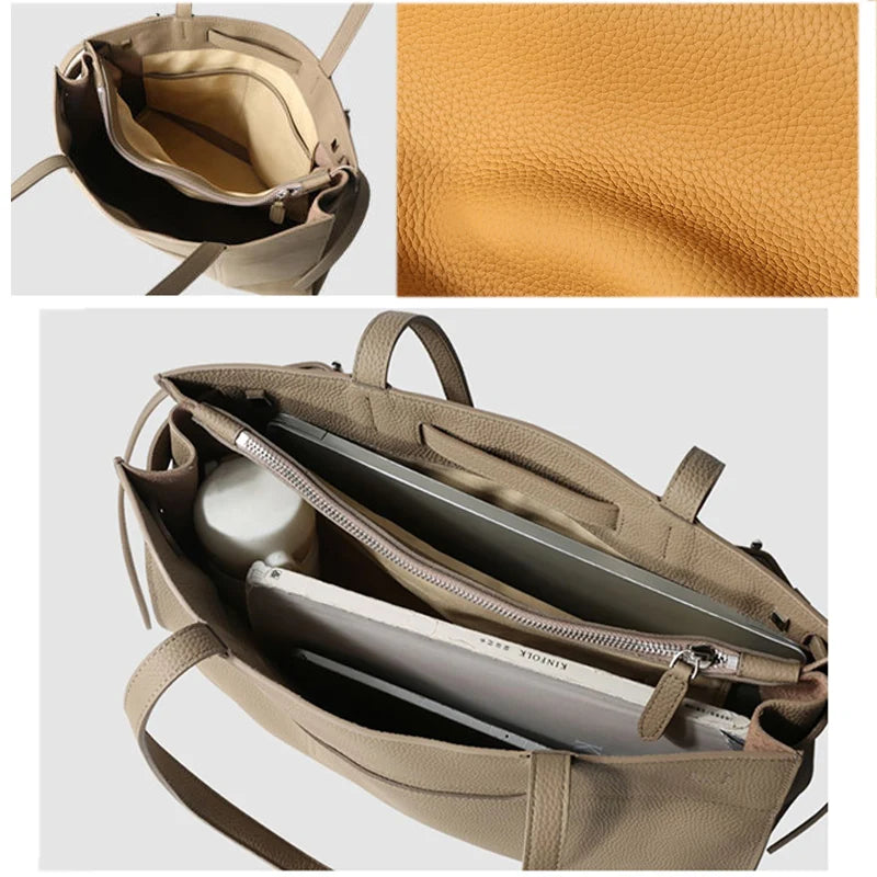 Women Totes Laptop Bag 2025 New Luxury Genuine Leather Commuter Handbag Female Large Capacity Minimalist Computer Shoulder Bag