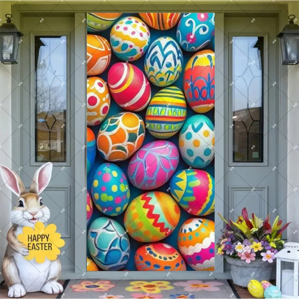 Spring Easter Theme Charming Rabbit On The Toilet Grass Flower Eggs Door Banner Cover Backdrop Easter Festival Party Porch Decor
