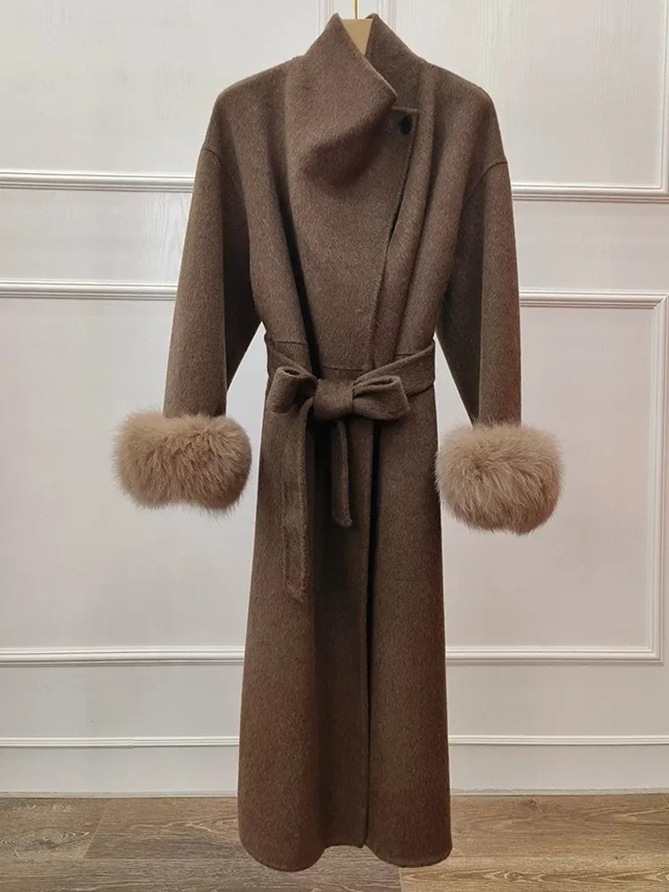 Wool Coat Women 2025 New Autumn Winter Real Fox Fur Jacket Female Natural Fur Long Woolen Coat Warm Real Fur Cashmere  Clothing