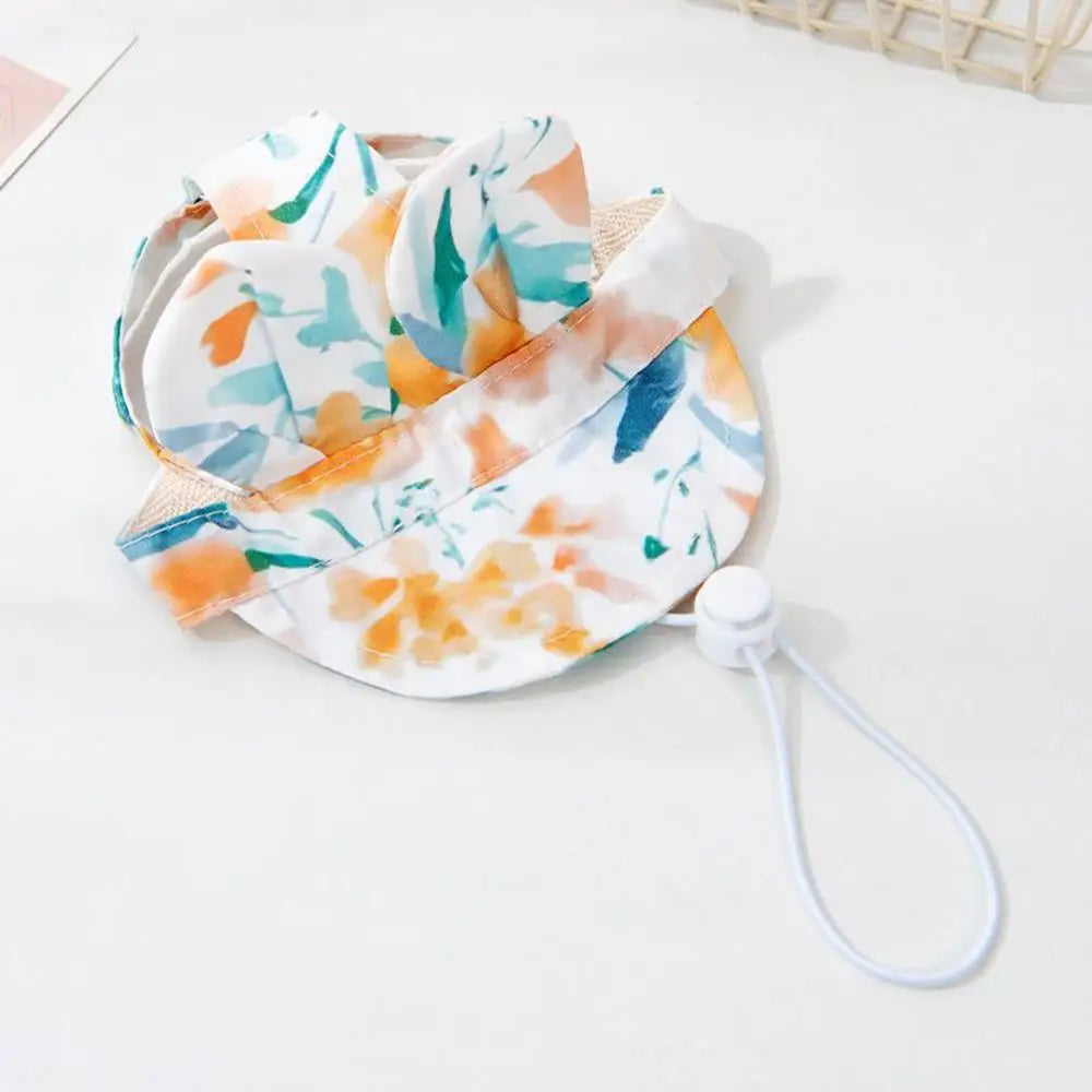 Pet Hats  With Ear Holes Cat Ears Flower Stripe Bucket Hat Dogs Breathable Fisherman Cap Adjustable Puppy Kitten Sun Hat Soft