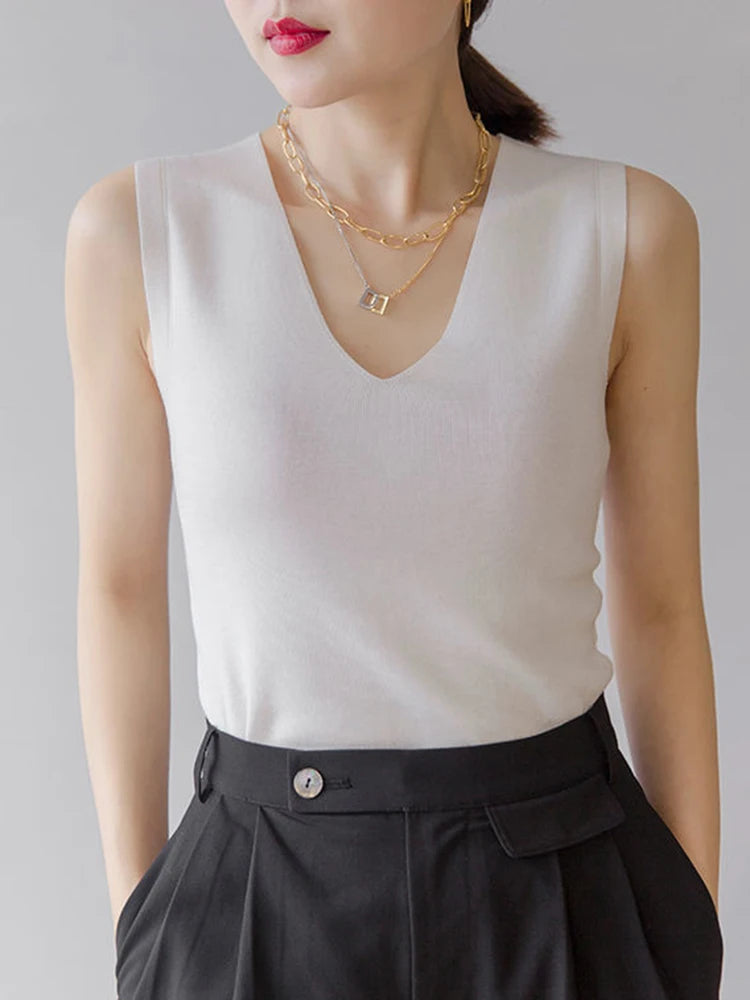 Summer Women Knitted Tank Tops Women Thin Tops Basic Casual Tank Tops V-neck Tees Sleeveless Tops For Women