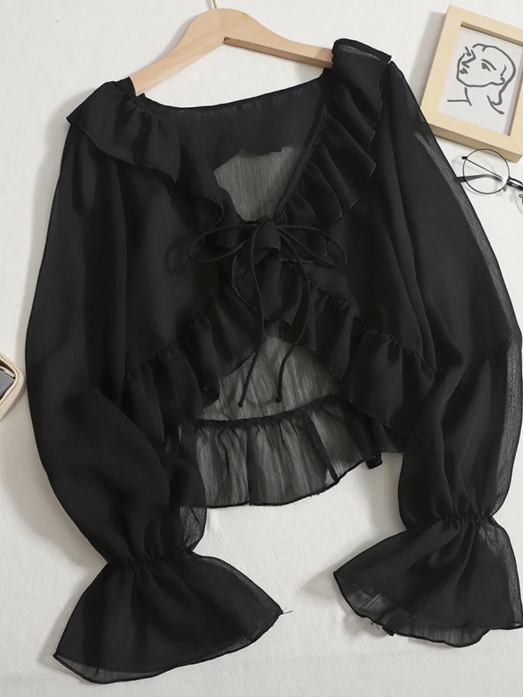 Women's Summer New Sle Sun Protection Clothing Chiffon Bell Sve Lace Trim Cardigan Fairy awl ort Outerwear