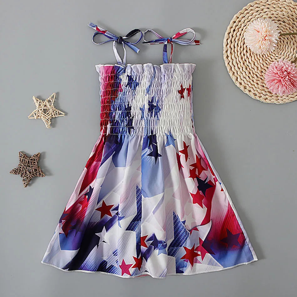 Charming 4th of July Summertime Girls Casual Dresses Sling Patriotic Pattern and Cartoon Printed Playful Butterflies and Stars