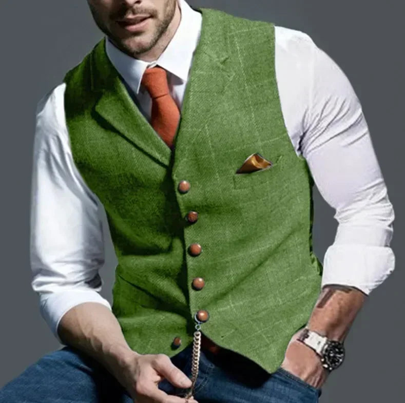2025 Men's Formal Vests Lapel Tweed Plaid V-neck Waistcoat Slim Vest Business Formal Dress Suit Casual Wedding Tuxedo Male Vest