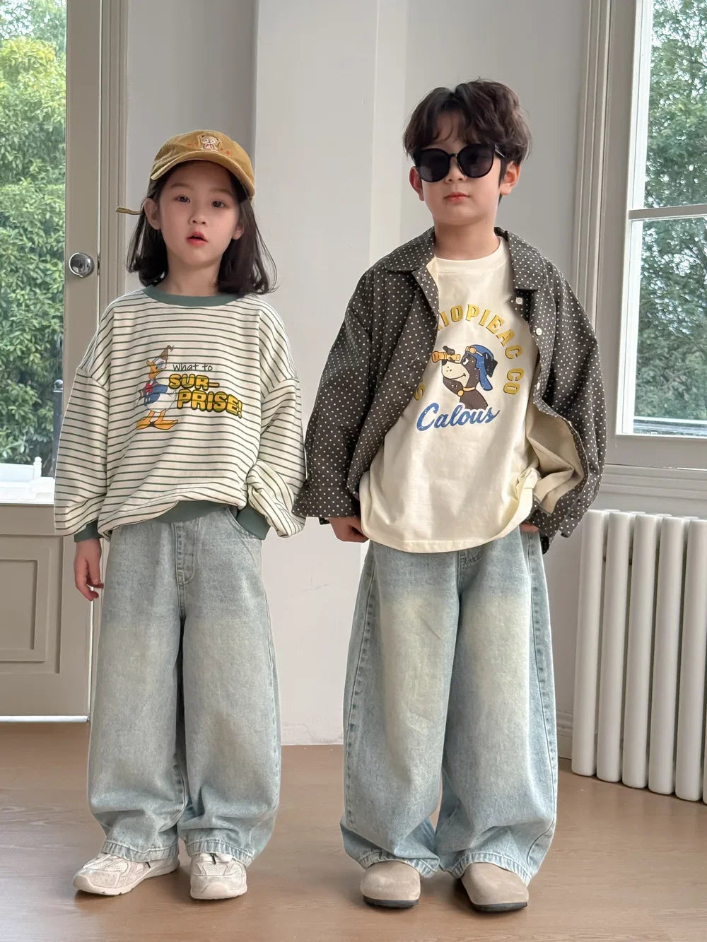 Children Pants 2025 Spring Boys and Girls Korean Solid Casual Denim Straight Leg Pants Children Versatile Loose Wide Leg Pants