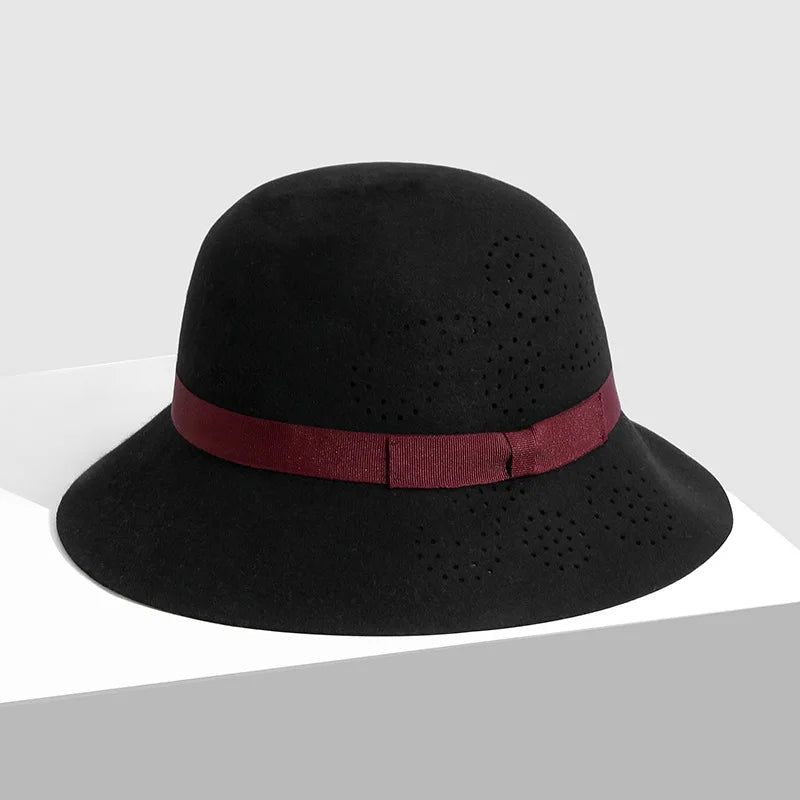 FS Beige Wool Fedoras Elegant Vintage Hats For Women Wide Brim Hollowed-out Cloche Cap Lady Autumn Winter Floppy Black Millinery