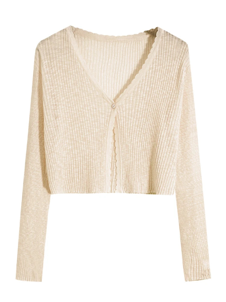 Women Cardigans Long Sleeve Knitted Outerwear Solid Thin Spring Short Sweaters V-neck Knitwears Korean Fashion Cardigans 2025