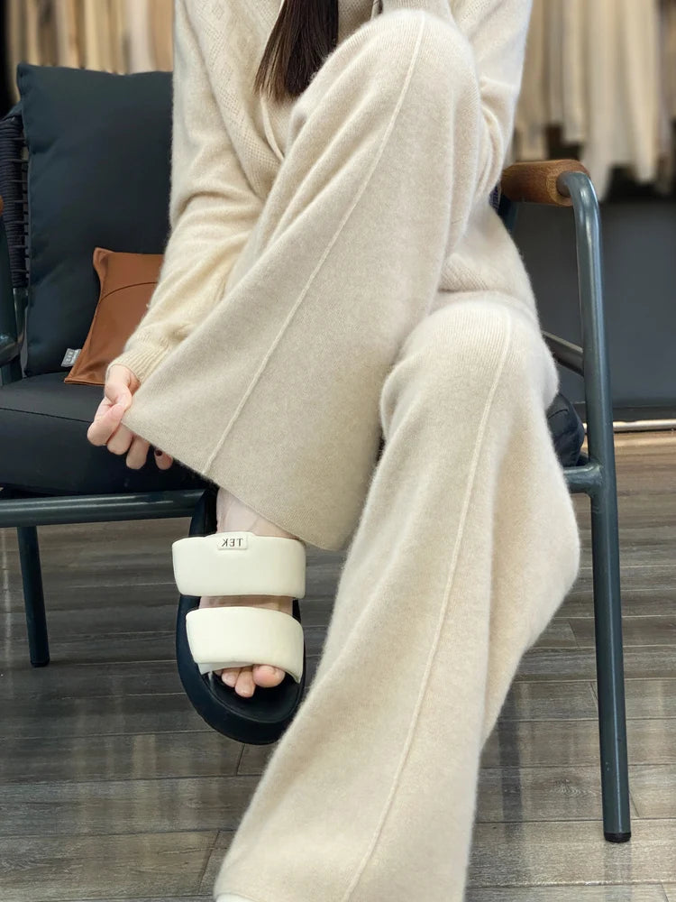 Office Women Straight Pants Autumn Winter 100% Merino Wool Pants Knit Warm Trousers Lace Up Elastic Female Casual Wide Leg Pants