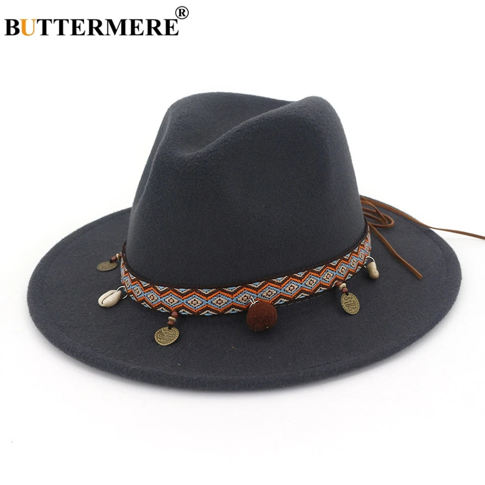 BUTTERMERE Red Fedoras Hats For Women Ethnic Style Wool Felt Hat Female Wide Brim Casual Ladies Autumn Holiday Jazz Caps Fashion