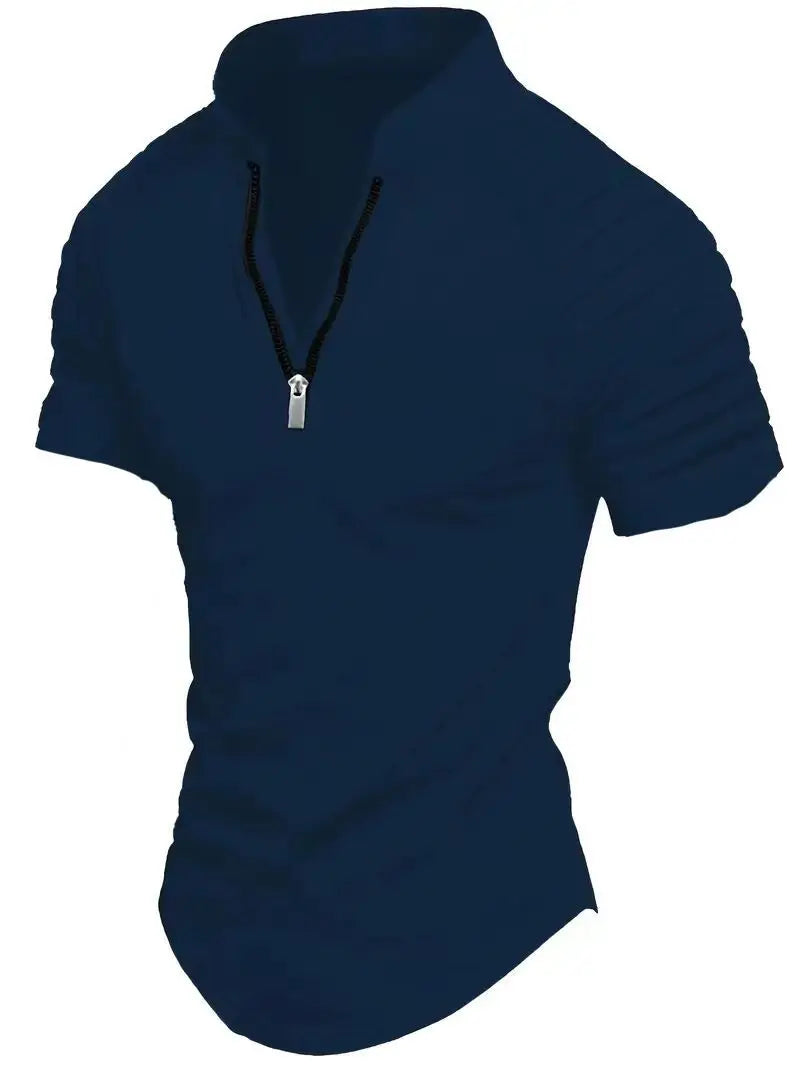 Men's Polo Shirt Summer Fashion New Solid color casual arm wrinkle design comfortable slim zipper short-sleeved blazer