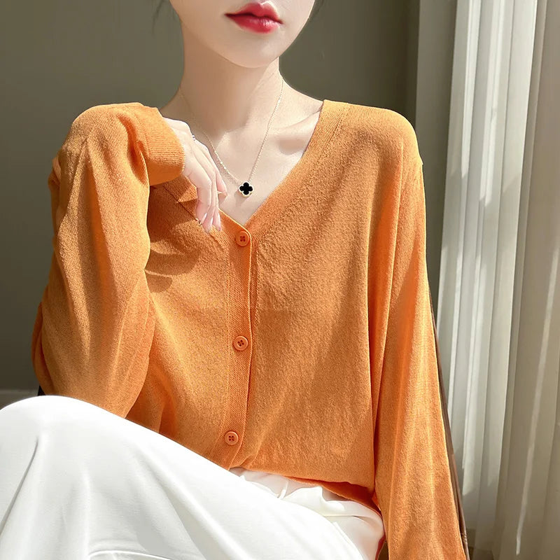 Women's Cardigans 2025 Thin Summer Single Breasted V-neck Loose Knitted Sweater Fashion Solid Tops Ice Silk Outerwears Jumpers