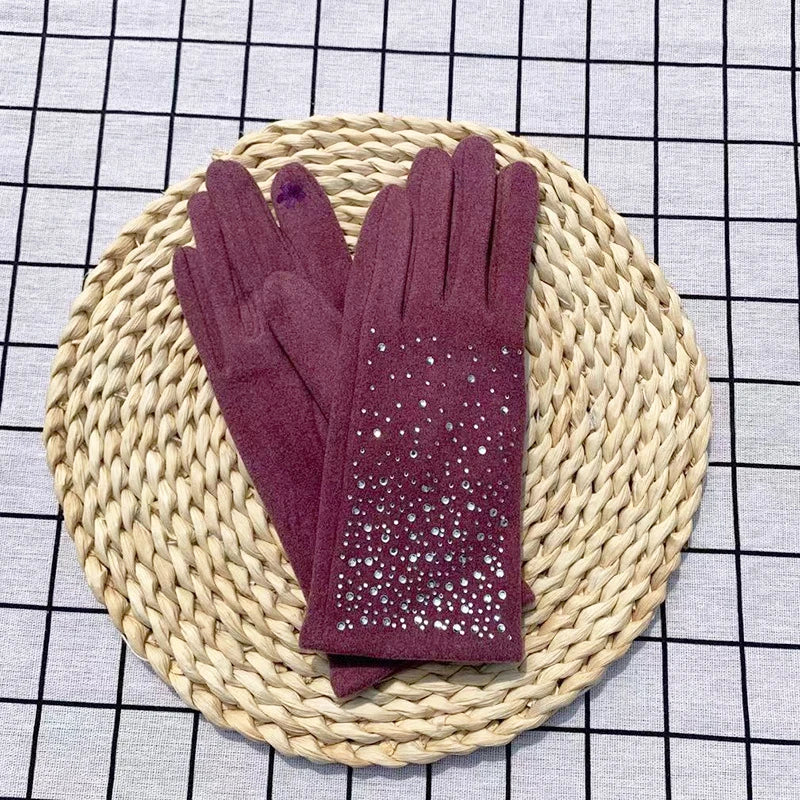 Fashion Diamonds Glove Women Vintage Winter Touch Screen Full Finger Warm Windproof Cycling Driving Female Gloves Mittens