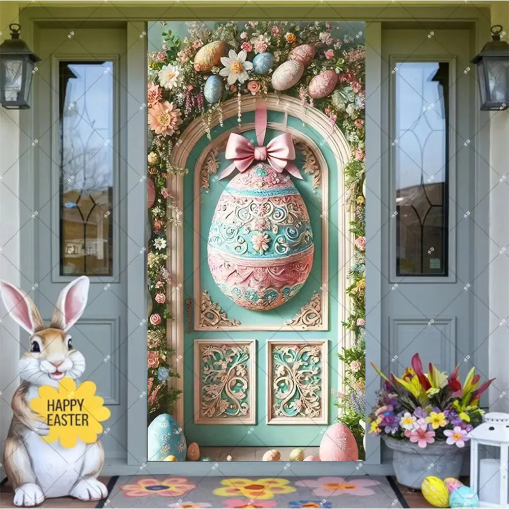 Spring Easter Theme Charming Rabbit On The Toilet Grass Flower Eggs Door Banner Cover Backdrop Easter Festival Party Porch Decor