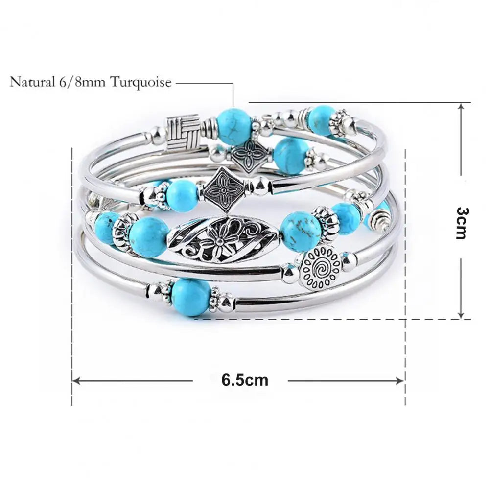 Women Bangle Natural Stones Ethnic Multi Layered Retro Blue Turquoise Beads Wrap Bracelet Jewelry Accessories