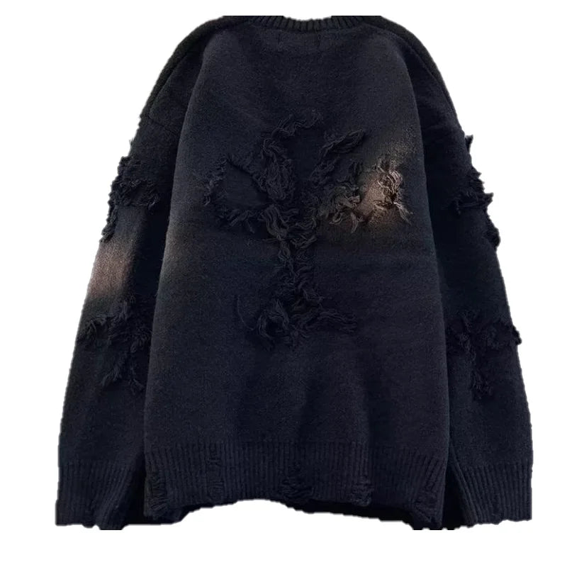 Winter Ripped Sweater Men's Round Neck Pullover High Street American Retro Japanese Style Solid Color Sweater For Teenagers