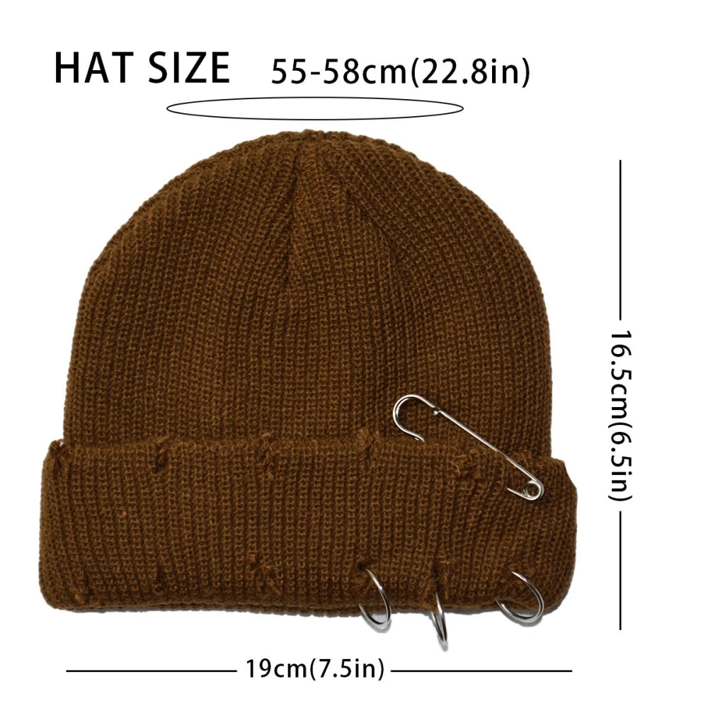 Hat for Women Autumn and Winter Ring Pin Street Hip-Hop Woolen Hats with Holes Edging Knit Cap Men's Trendy Cold-proof Beanies